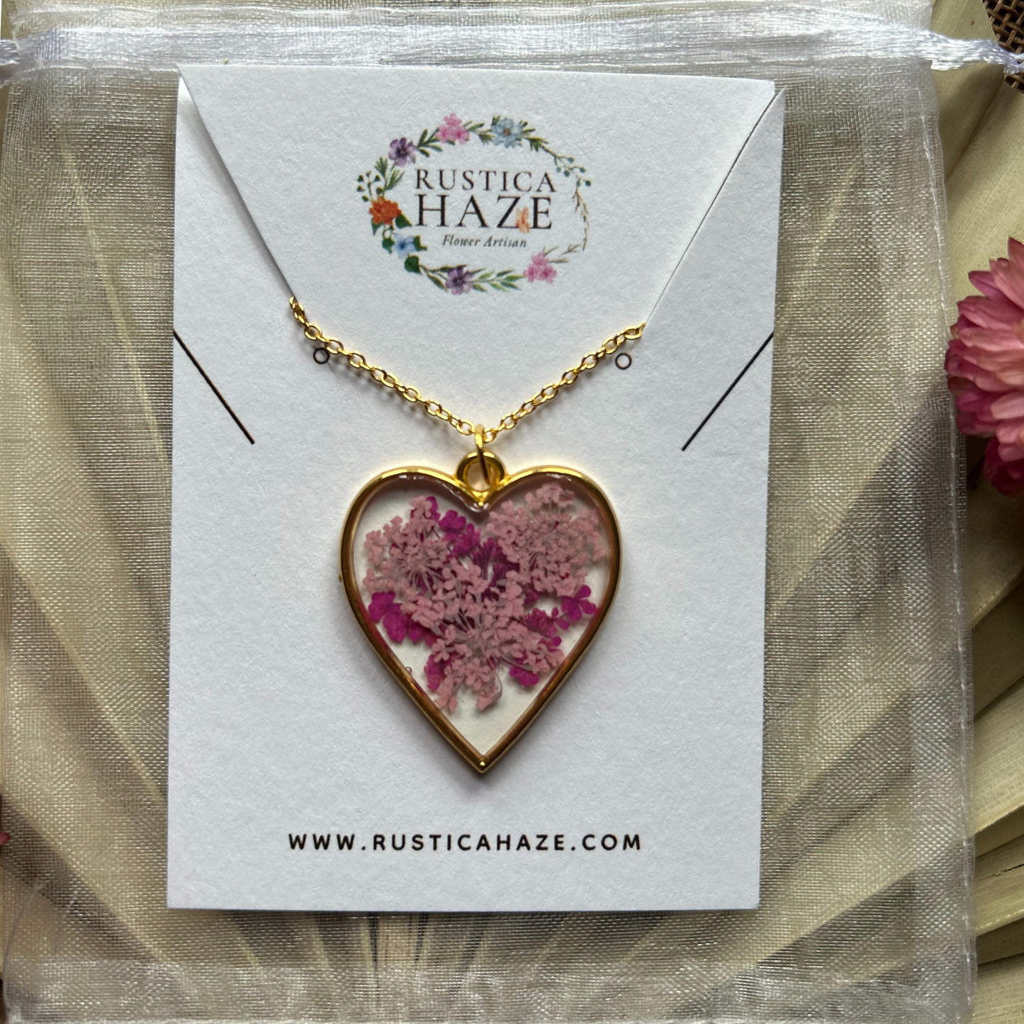 Heart Pendant Pressed Flower Necklace