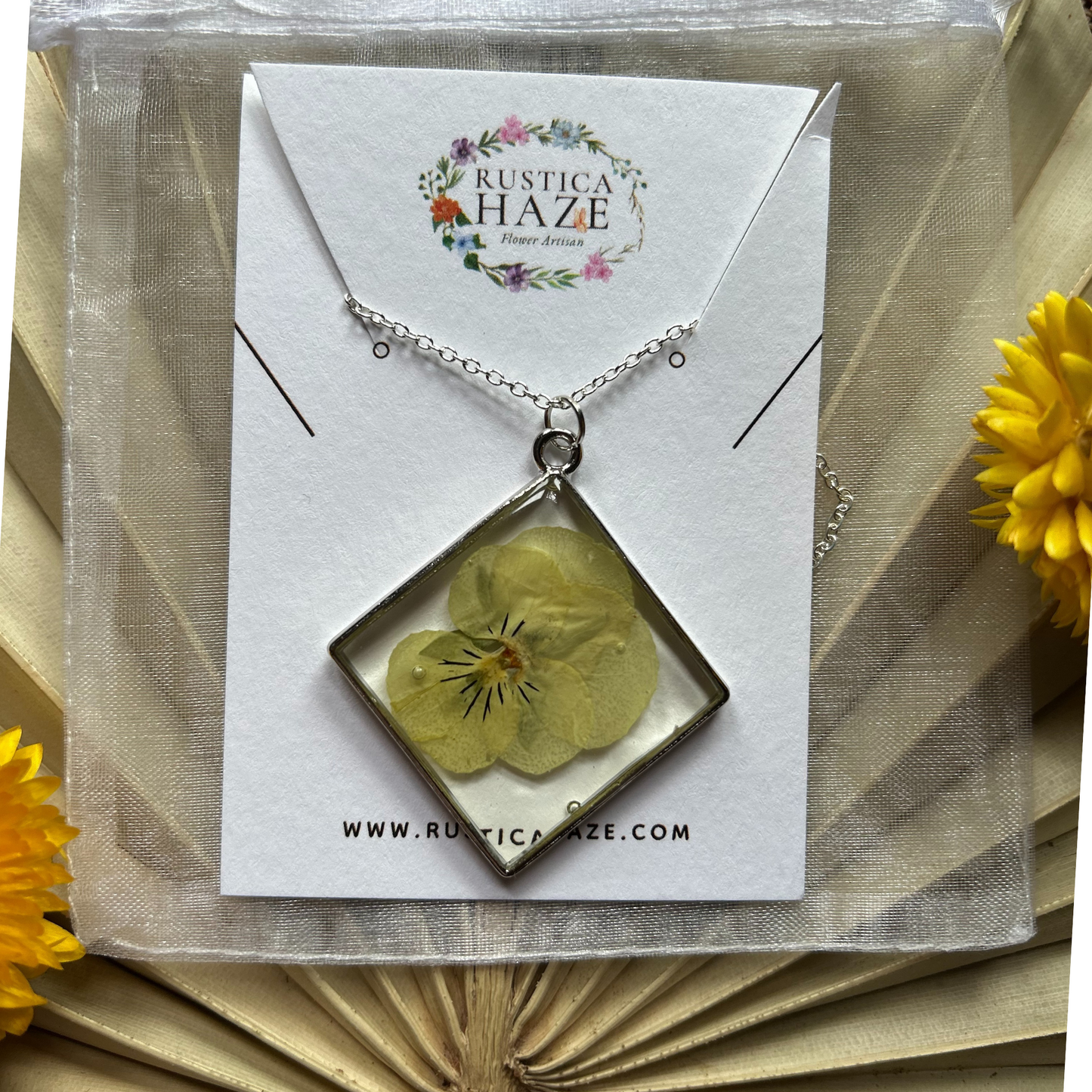 Yellow Square Pendant Pressed Flower Necklace