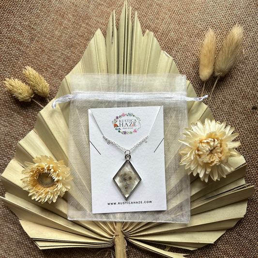 Diamond Shaped 'Forget Me Not' Pressed Flower Necklace