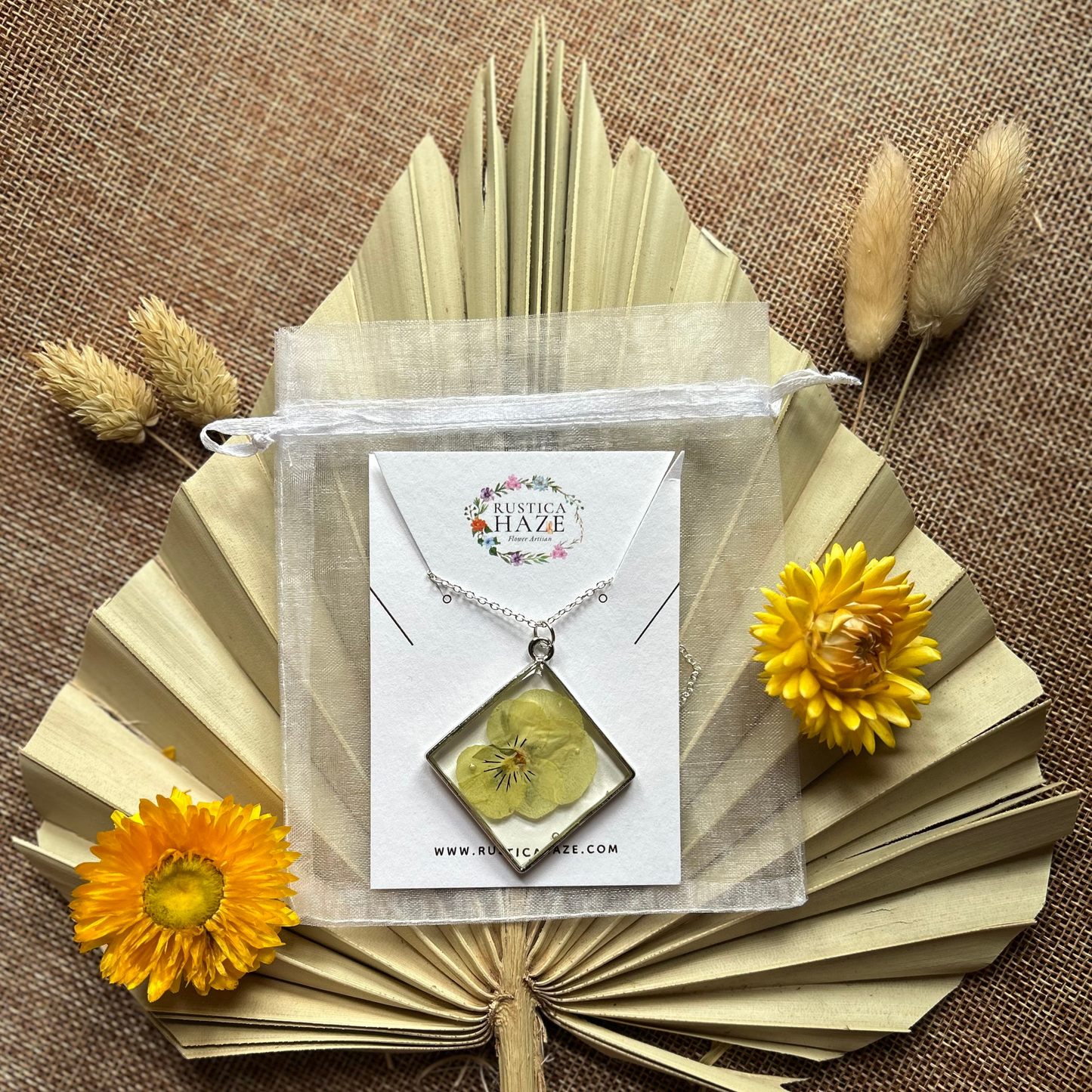 Yellow Square Pendant Pressed Flower Necklace