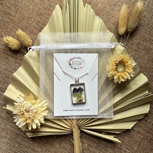 Rectangle Pendant Pressed Pansy Necklace